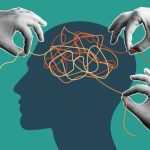 Halftone collage banner, three hands unraveling a ball of thread in the head, the concept of psychological help.